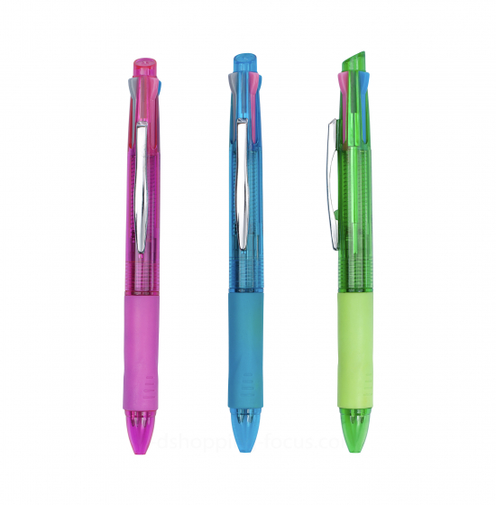 三支桃紅、藍、綠色透明筆身的四合一多色按動原子筆垂直並列。