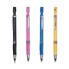 黑、粉、藍、黃四色自動鉛筆垂直並列展示，具備銀色筆夾與防滑握把。
