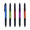 產品正面照：五支具金屬質感的原子筆（藍、綠、紅、紫、橘），配有黑色防滑握把與彩色環狀裝飾，筆尖頂端帶有黑色半圓球狀的電容觸控頭。