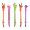 五支彩色原子筆筆蓋為各種手勢造型，包含勝利、擊掌、OK、愛心與讚，垂直整齊排列。