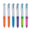 六支三色原子筆垂直並排於白色背景前。筆身為純白色，搭配半透明材質的彩色防滑握把與筆尖護套，顏色包含：橘色、藍色、紫色、綠色與粉紅色。