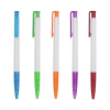 五支彩色按壓式原子筆垂直並排於白色背景。筆身主體為純白色，搭配彩色半透明材質的筆夾、按壓鍵，以及具有環狀防滑刻紋的同色系橡膠握把。顏色由左至右分別為：藍色、綠色、橘色、紫色與紅色。
