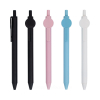 五支黑、粉、藍、白色原子筆垂直並列，展示圓盤造型筆夾與粉嫩色系設計。