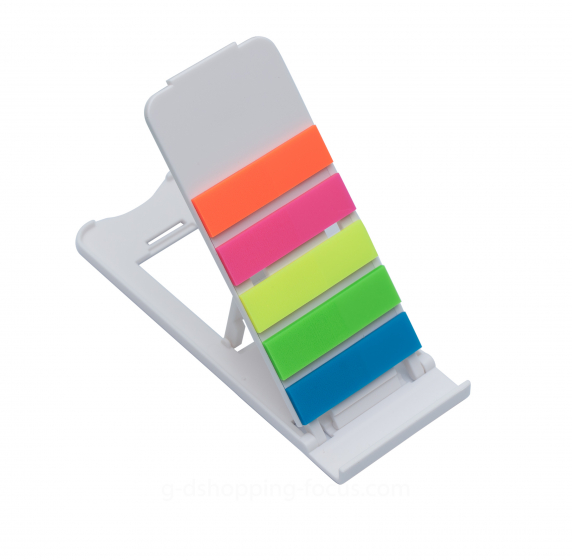白色塑膠材質的折疊手機架處於展開立起狀態。支架背板上貼有五種鮮豔螢光色系（橘、粉紅、黃、綠、藍）的長條型索引標籤便利貼，兼具支撐與記事功能。