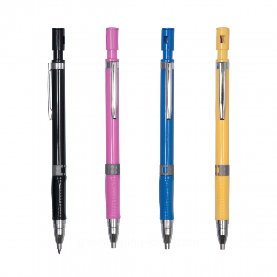 黑、粉、藍、黃四色自動鉛筆垂直並列展示，具備銀色筆夾與防滑握把。