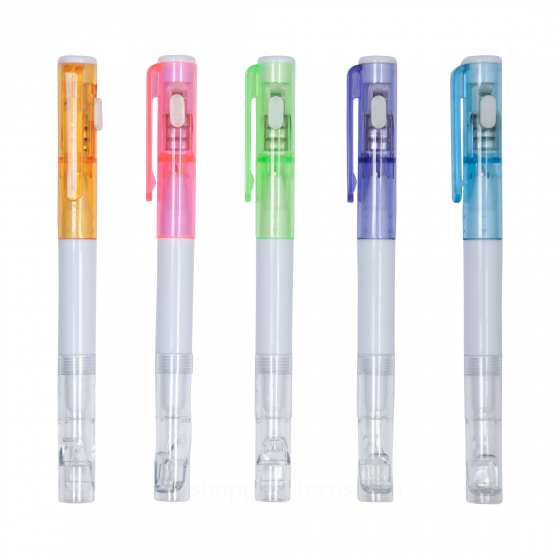 五支配有橘、粉、綠、紫、藍色透明蓋的 LED 哨子筆垂直並列展示。