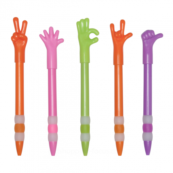 五支彩色原子筆筆蓋為各種手勢造型，包含勝利、擊掌、OK、愛心與讚，垂直整齊排列。