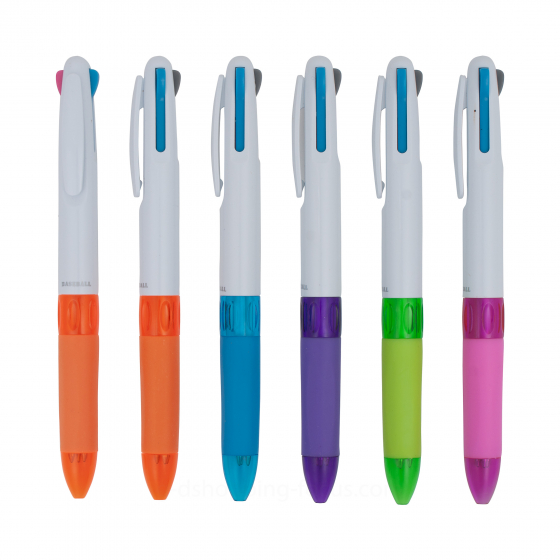 六支三色原子筆垂直並排於白色背景前。筆身為純白色，搭配半透明材質的彩色防滑握把與筆尖護套，顏色包含：橘色、藍色、紫色、綠色與粉紅色。