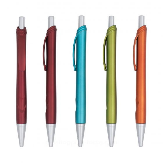 五支具有金屬霧面質感的原子筆垂直並排於白色背景。顏色包含深紅、紅棕、藍綠、橄欖綠與亮橘色。每支筆均配有銀色筆尖與按壓頭，筆夾設計呈現獨特的流線波浪造型，與筆身融為一體。