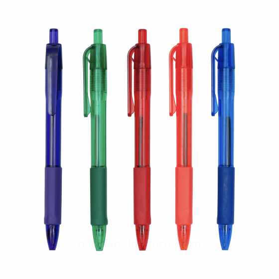 五支具備透明筆身的紫、綠、紅、橘、藍色按動原子筆垂直並列。