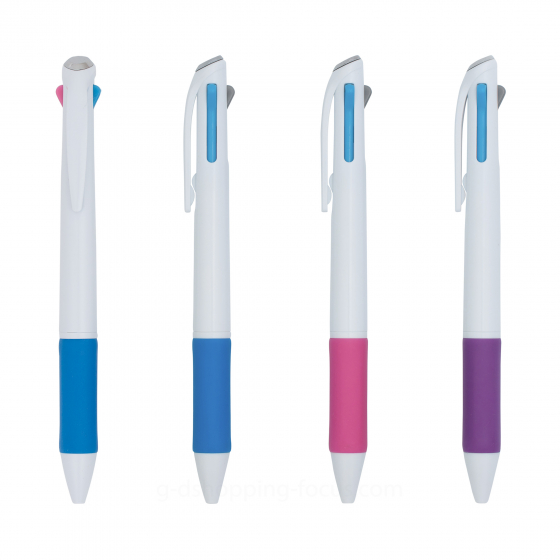 gd-18-c312-260115.jpg：四支白色筆身的三色原子筆垂直排列於白色背景，分別配有藍、桃紅與紫色的霧面橡膠防滑握把。筆尖處為純白色錐形設計，頂端則配有亮銀色的金屬質感按壓蓋。