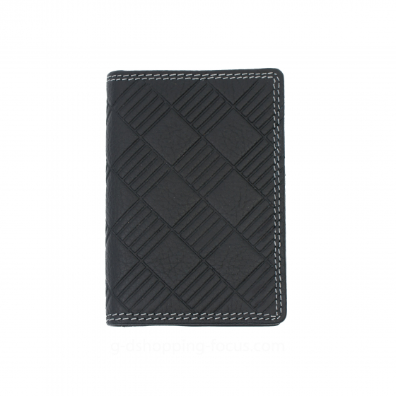 黑色真皮名片夾的封面正面視圖。表面具備精緻的壓印菱格紋圖案，邊緣則採用白色對比色縫線整齊裝飾，呈現出經典且具備工藝感的設計。