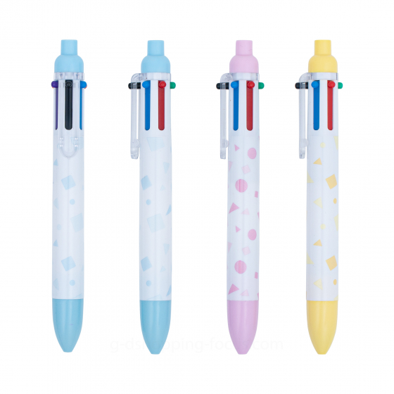 四支粉色調（兩支藍色、一支粉紅、一支黃色）的六色原子筆垂直排列，清晰呈現其透明筆夾、彩色按鍵以及筆尖護蓋的設計細節。