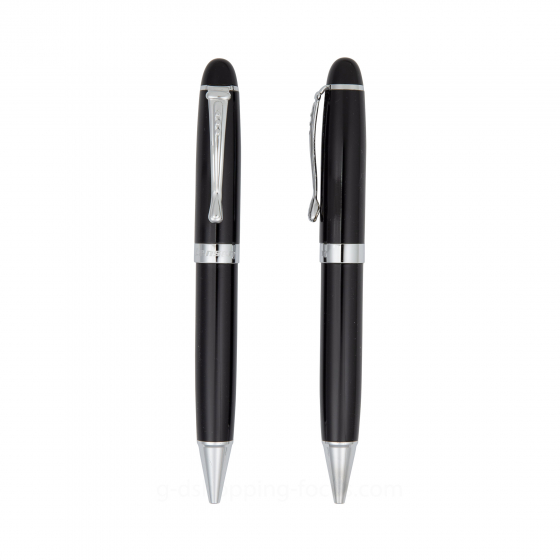 gd-23-L05-260224.jpg：兩支亮黑色金屬原子筆垂直並排於白色背景。左側展現正面視角，銀色筆夾上帶有三個圓點裝飾；右側展現側面視角，凸顯其圓潤的流線筆身。