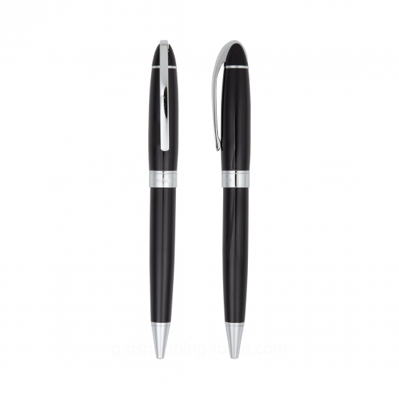 兩支亮黑色烤漆的金屬原子筆垂直並排於白色背景。左側為正面視角，展示其平滑的銀色弧形筆夾；右側為側面視角，顯現其圓潤的筆身輪廓。銀色中環處清晰刻有「Lensen」品牌標誌。